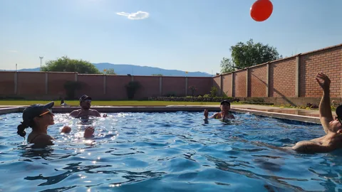 Friends playing a ball game in the pool